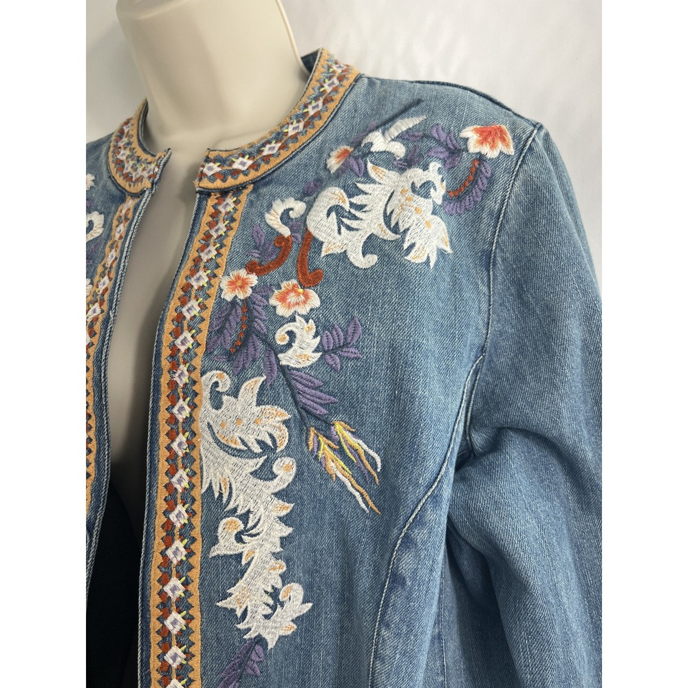 Chico's Jacket Women 2P Blue‎ Embroidered Denim Open Front Boho Floral Petite